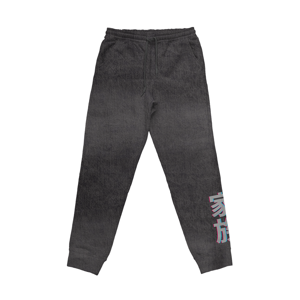 Dark gray sweatpants with a small colorful logo near the waist and stylized light blue and white text on the leg.