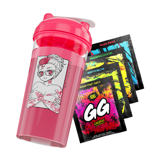 Pink shaker cup with a black and white anime girl wearing glasses and red tattoos, next to colorful energy drink packets