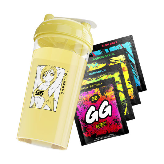 Yellow shaker cup with anime girl in a yellow top and four colorful energy drink packets behind it