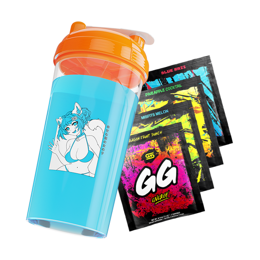 Blue shaker cup with orange lid featuring a blue-haired cat girl in a bikini alongside colorful energy drink packets.