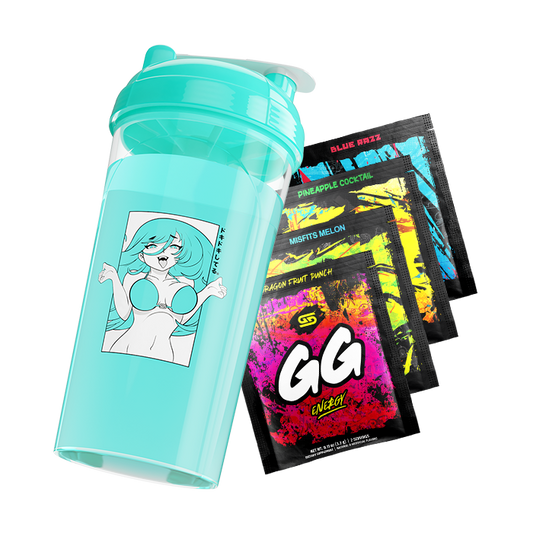 Aqua blue shaker cup with anime girl in bikini graphic alongside four colorful GG Energy drink mix packets.