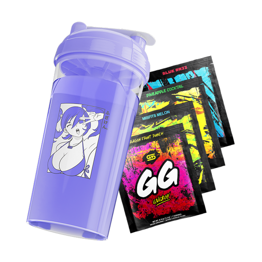 Purple shaker cup with anime girl graphic and four colorful GG Energy drink mix packets in various flavors.