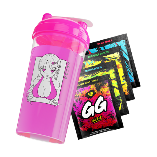 Bright pink shaker cup with anime girl in bikini top and Japanese text, alongside colorful energy drink packets.