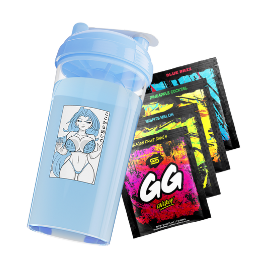Light blue shaker cup with anime girl graphic and four colorful GG Energy powder packets fanned out beside it.