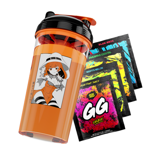 Orange and black shaker cup with anime witch girl design next to colorful energy drink powder packets in various flavors.