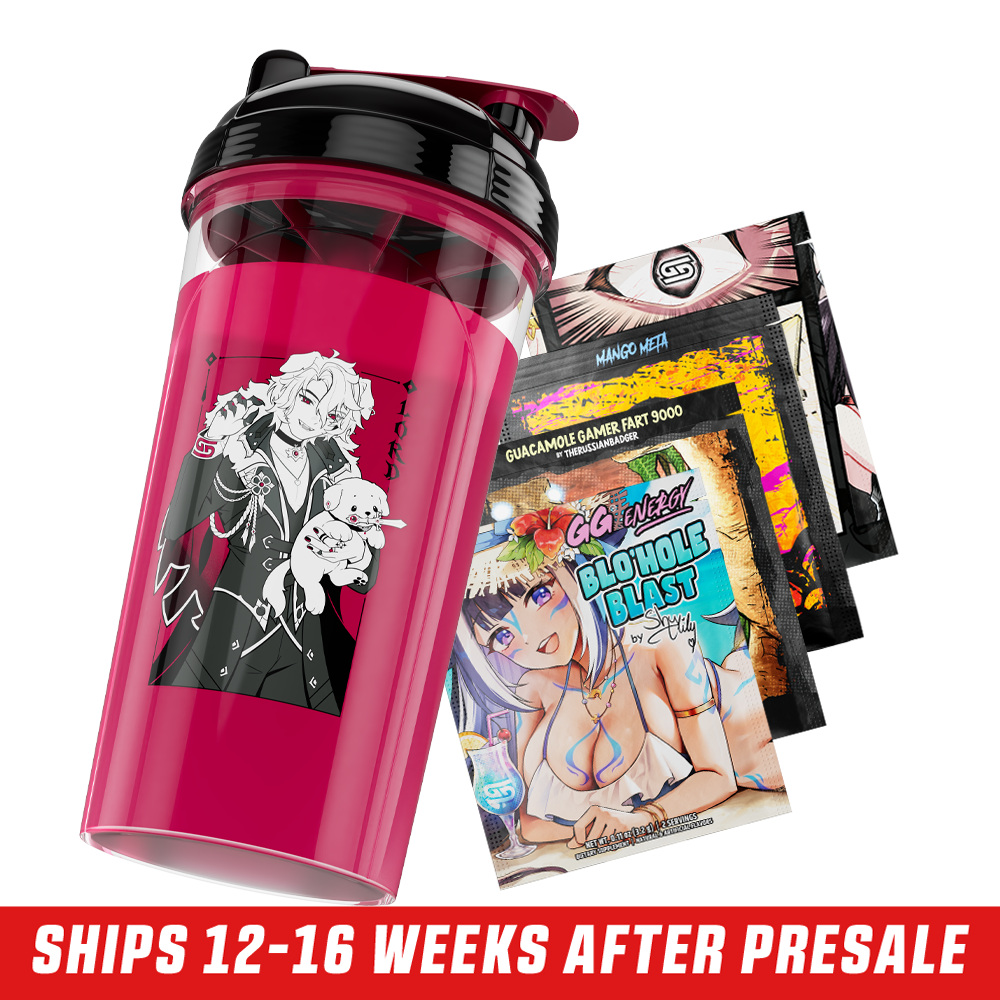 Transparent red shaker cup with black lid featuring a white anime character with cat ears and a ghost figure.