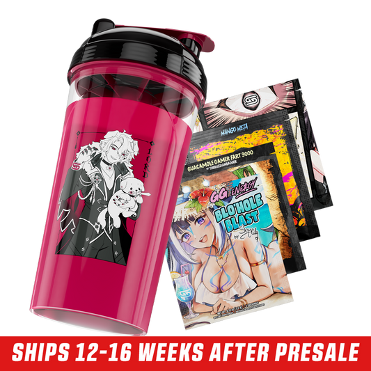 Transparent red shaker cup with black lid featuring a white anime character with cat ears and a ghost figure.