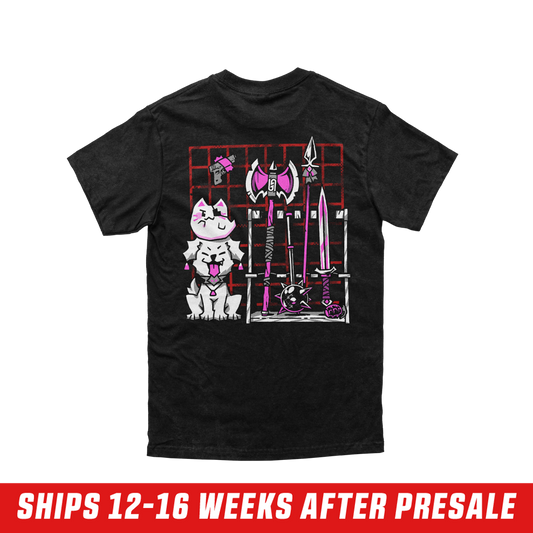 Back of Aethel and Nyanners Shirt showing graphic of a dog and a cat with an eye patch next too a weapons rack in front of a red square grid.