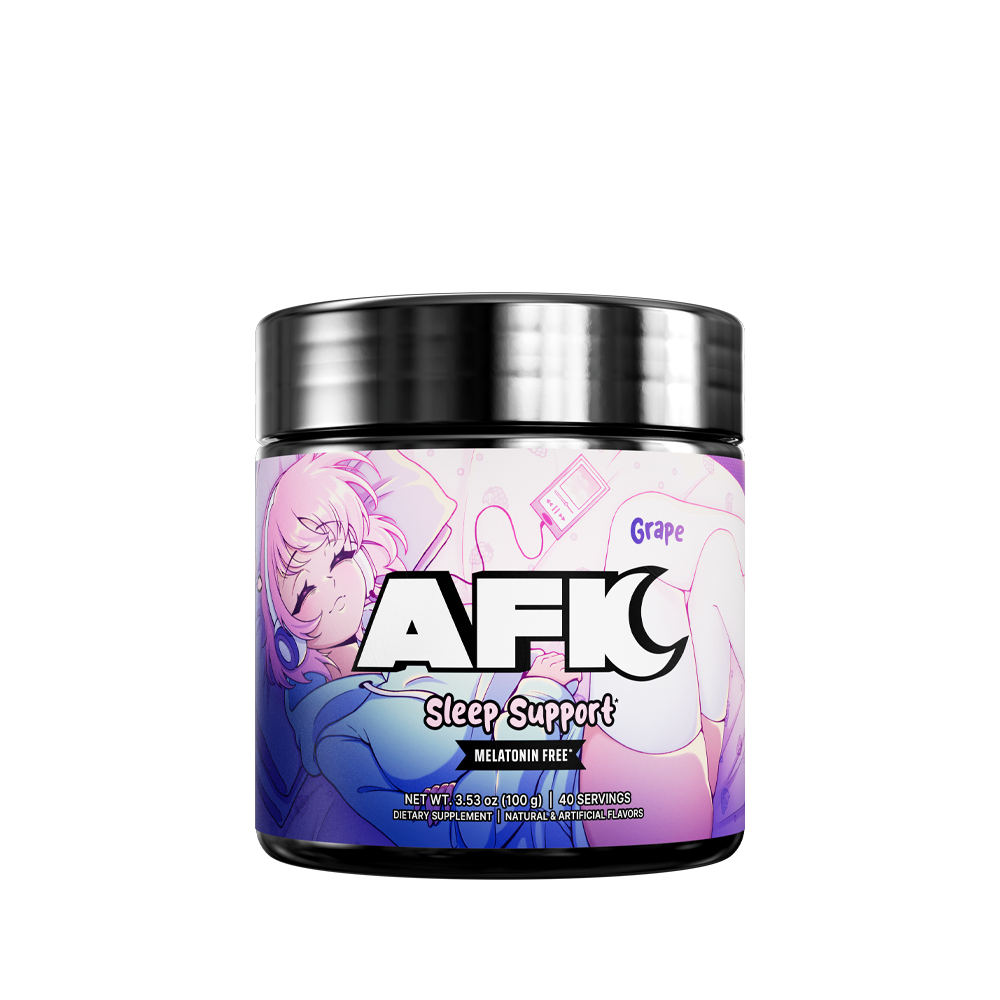 Black container with purple label showing supplement facts and directions for 40 servings of powder.