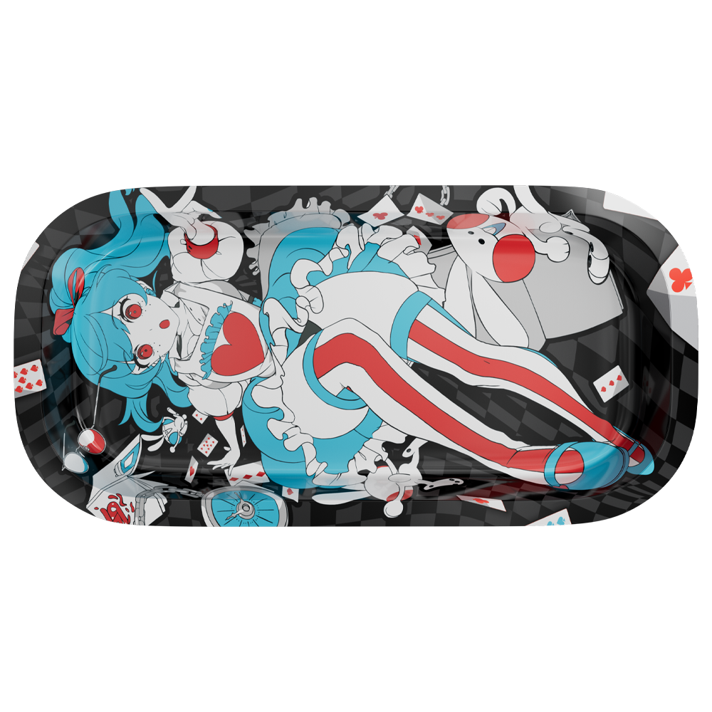 Black tray with warped checkerboard background and scattered playing cards in red and blue suits
