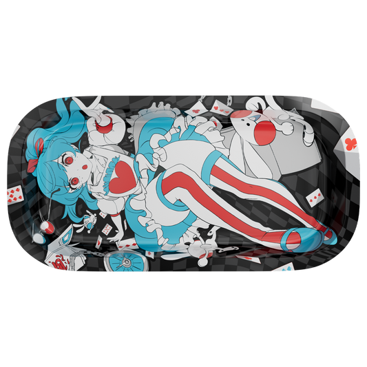 Black tray with warped checkerboard background and scattered playing cards in red and blue suits