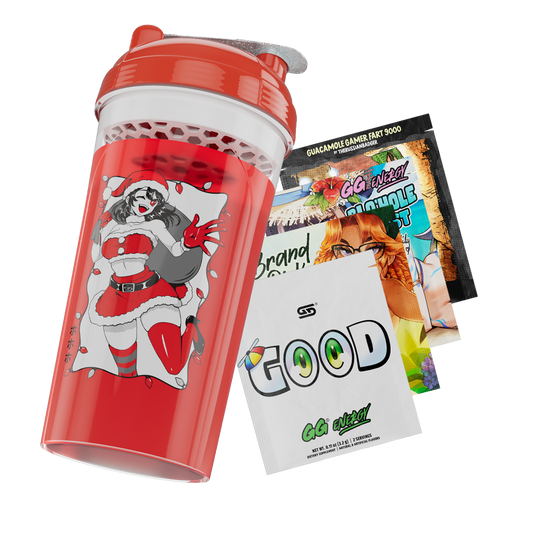 Clear shaker cup with red lid featuring a black and white anime girl in a Santa outfit holding a sack and Christmas lights.