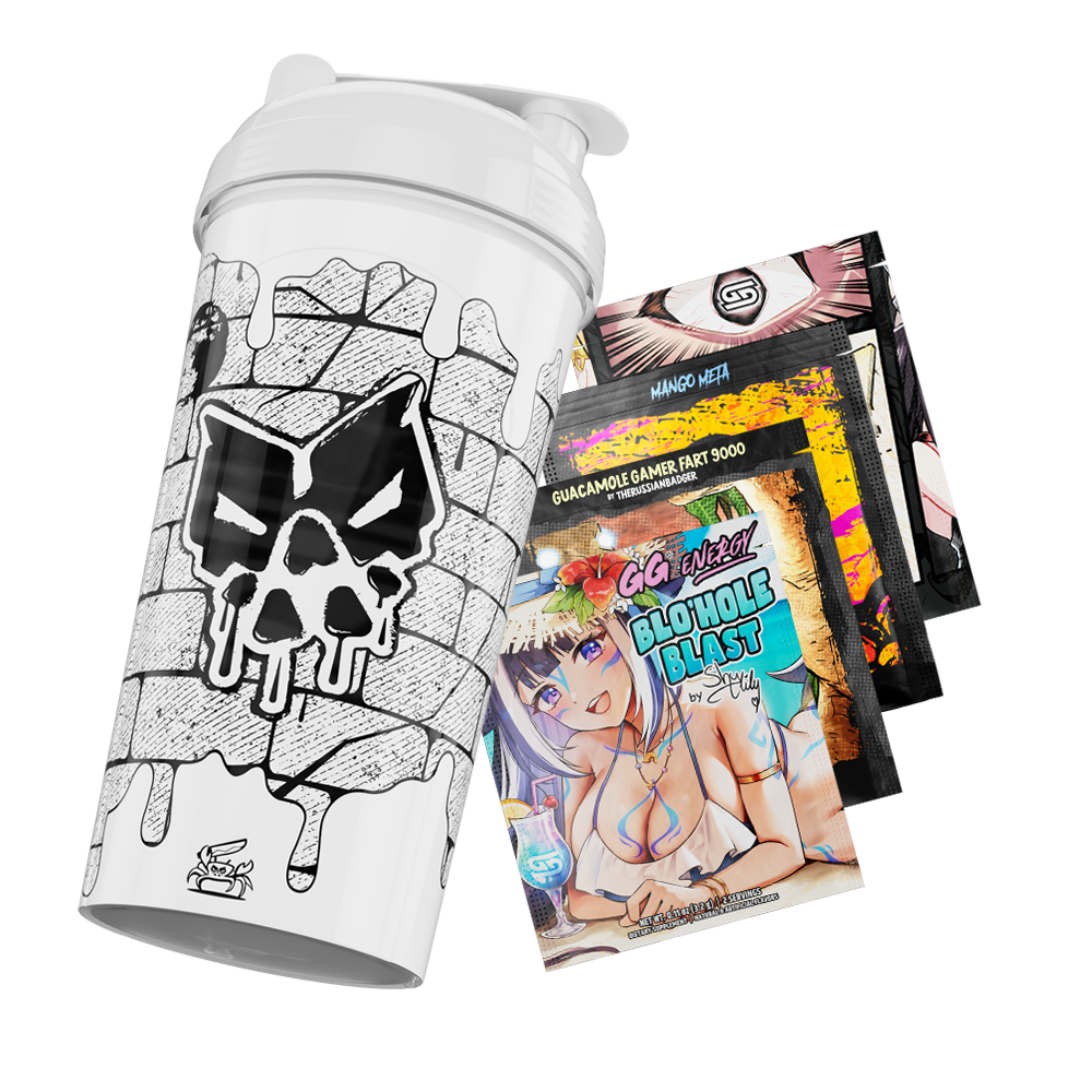White shaker cup with black graffiti-style brick wall and dripping paint design around a stylized "G" logo.