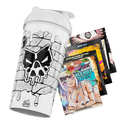 White shaker cup with black graffiti-style brick wall and dripping paint design around a stylized "G" logo.