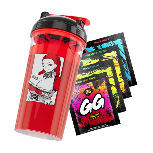 Red shaker cup with black lid featuring a winking anime girl in a red outfit and four colorful GG Energy drink mix packets.
