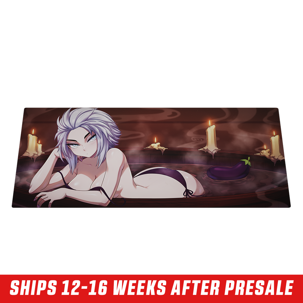 Mouse pad featuring a reclining anime woman with short white hair and lit candles on a dark brown background.