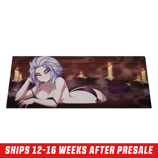 Mouse pad featuring a reclining anime woman with short white hair and lit candles on a dark brown background.