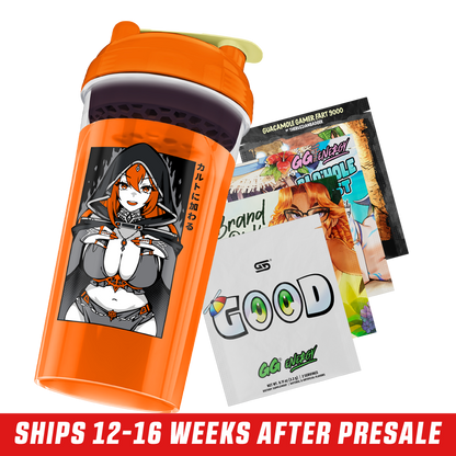 Bright orange shaker cup featuring an anime-style red-haired woman in a hooded cloak with Japanese text.