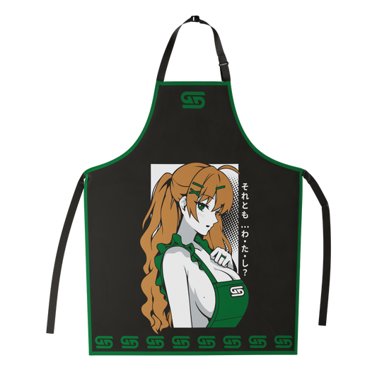Black apron with green trim featuring an anime-style red-haired girl in a green outfit and Japanese text on the front.