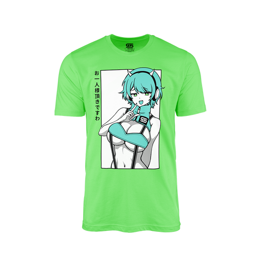 Bright green shirt featuring a teal-haired anime girl with headphones and Japanese text on the left side.