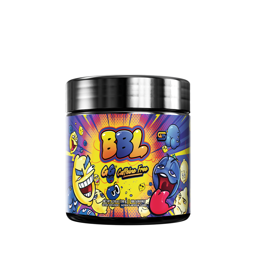 Blue supplement container with colorful cartoon faces and a black lid showing supplement facts and directions label.