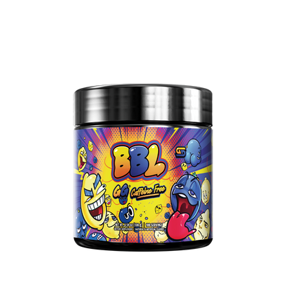 Blue supplement container with colorful cartoon faces and a black lid showing supplement facts and directions label.