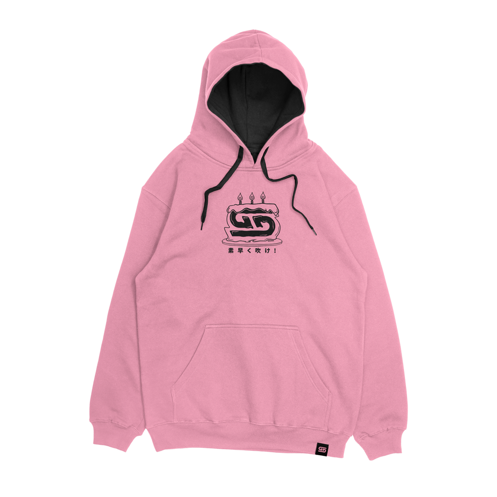Pink hoodie with anime girl holding a birthday cake and "Happy Birthday" text in black and white on the back.