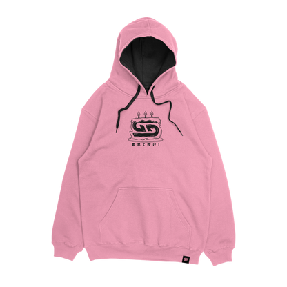 Pink hoodie with anime girl holding a birthday cake and "Happy Birthday" text in black and white on the back.