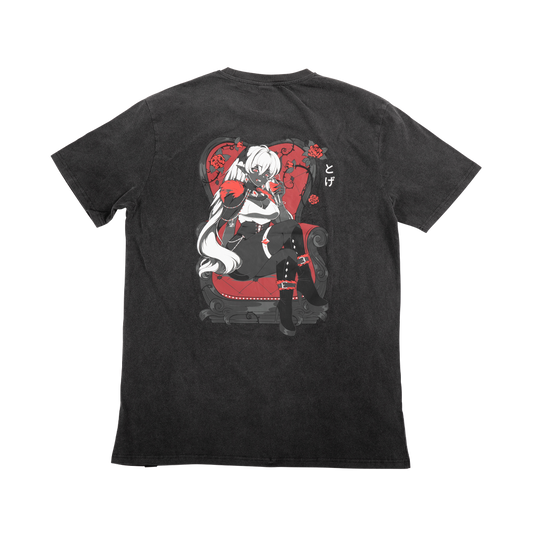 Black oversized t-shirt with a small white and red graphic of a rose and abstract design on the left chest.
