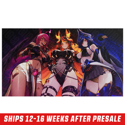 Three anime-style women with horns and dark fantasy armor against a fiery background.