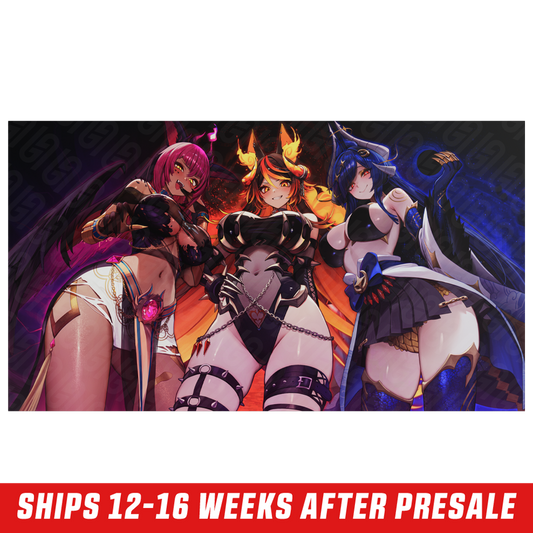 Three anime-style women with horns and dark fantasy armor against a fiery background.