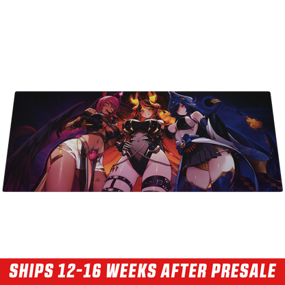 Large mouse pad featuring two anime-style female characters with dark wings and fiery horns on a wooden desk.