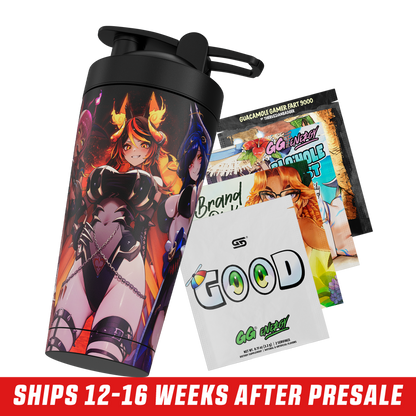 Black shaker cup featuring anime-style characters with dark blue and fiery orange hair in dynamic poses.