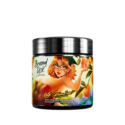 Black container with a colorful label showing supplement facts and directions for a caffeine-free product.