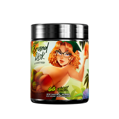 Black container with colorful label showing supplement facts, directions, warnings, and social media icons at the bottom