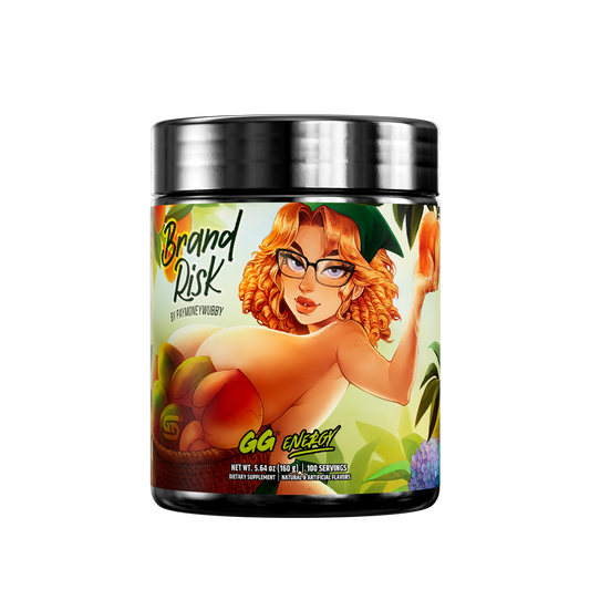 Black container with colorful label showing supplement facts, directions, warnings, and social media icons at the bottom