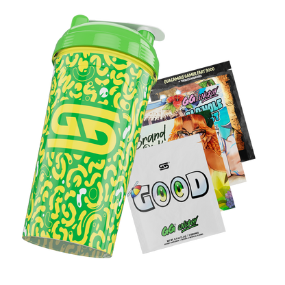 Green and yellow abstract patterned shaker with a bright green lid and white "Gamer Supps" logo on the side.