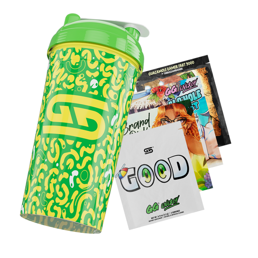 Green and yellow abstract patterned shaker with a bright green lid and white "Gamer Supps" logo on the side.