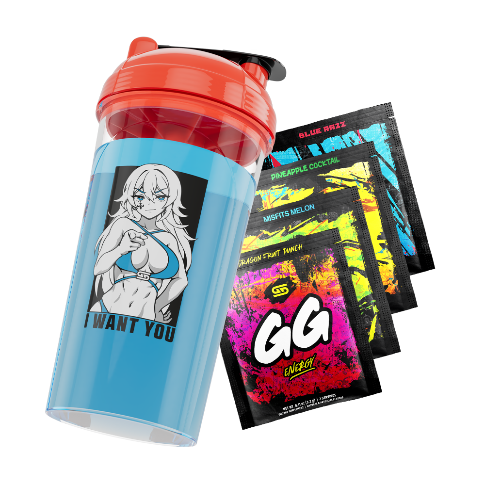 Blue shaker cup with red lid featuring anime woman in bikini and "I WANT YOU" text, next to colorful energy drink packets.