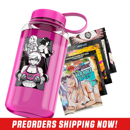 Clear 32oz jug with bold black and white "Waifu Cups" text and a bright pink screw-on lid with handle loop.