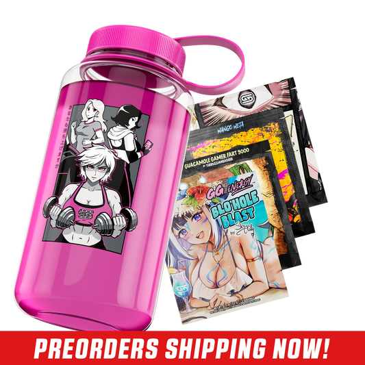 Clear 32oz jug with bold black and white "Waifu Cups" text and a bright pink screw-on lid with handle loop.