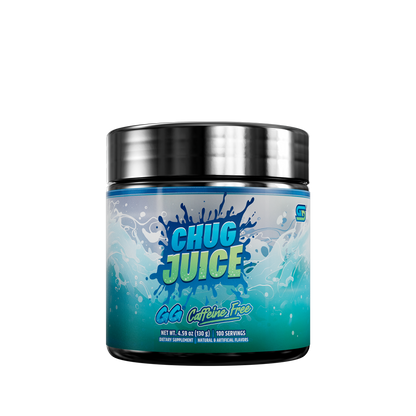 Blue and black container with detailed supplement facts and usage instructions on the back label of Chug Juice GG.