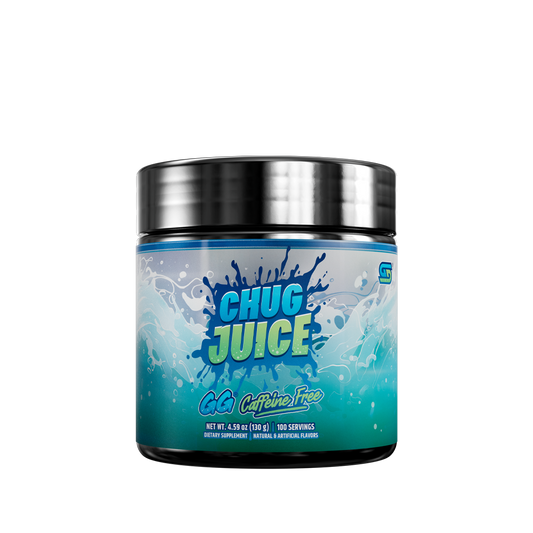 Blue and black container with detailed supplement facts and usage instructions on the back label of Chug Juice GG.