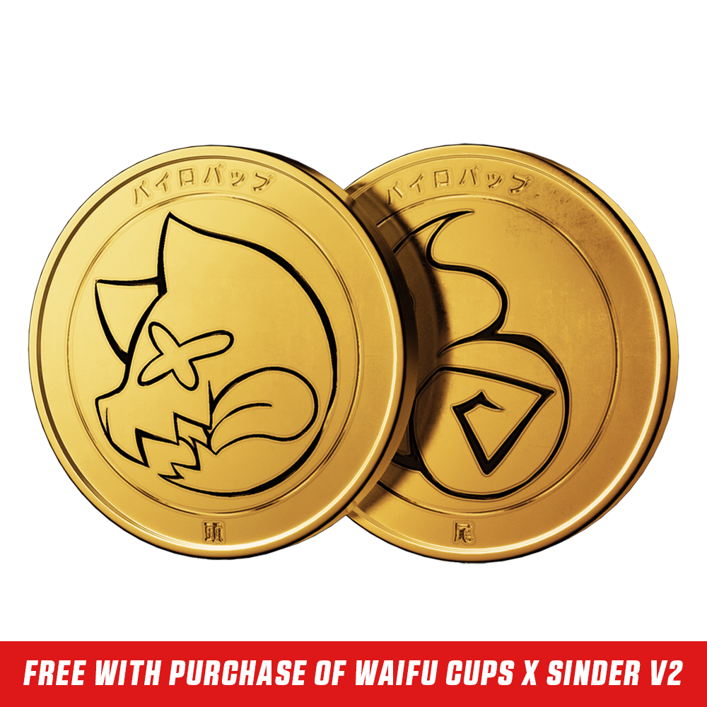 Two gold coins with engraved cartoonish fox head and flame tail designs and Japanese text around edges.