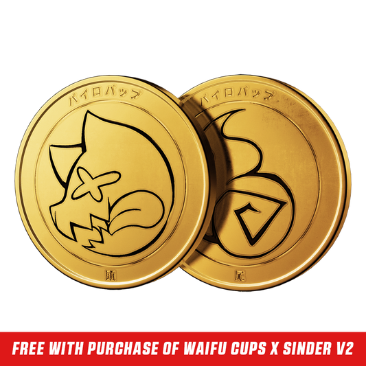 Two gold coins with engraved cartoonish fox head and flame tail designs and Japanese text around edges.
