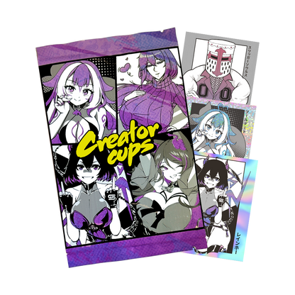 Sticker packs featuring anime-style characters with purple and black outfits and yellow "Creator cups" text on the cover.