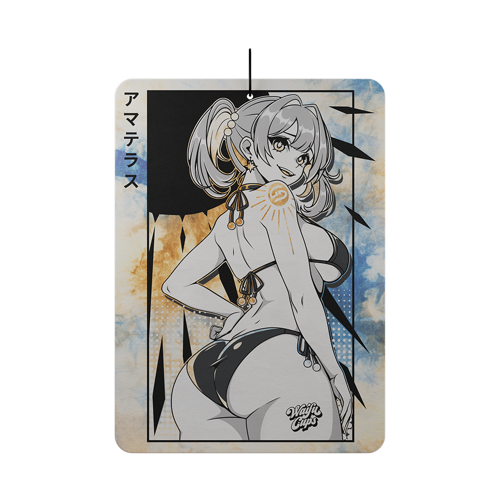 Air freshener with anime-style female character in a bikini and a blue and beige tie-dye background.