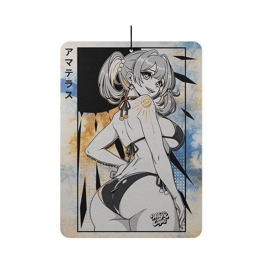 Air freshener with anime-style female character in a bikini and a blue and beige tie-dye background.