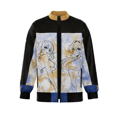 Black, blue, and gold bomber jacket with sun and moon phases design across the back and "Waifu Cups" text at the collar.