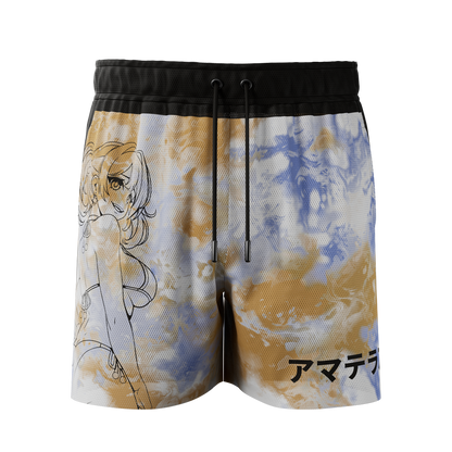 3XL mesh shorts with blue and tan tie-dye, black panel with sun and moon phases, and anime-style character outline.